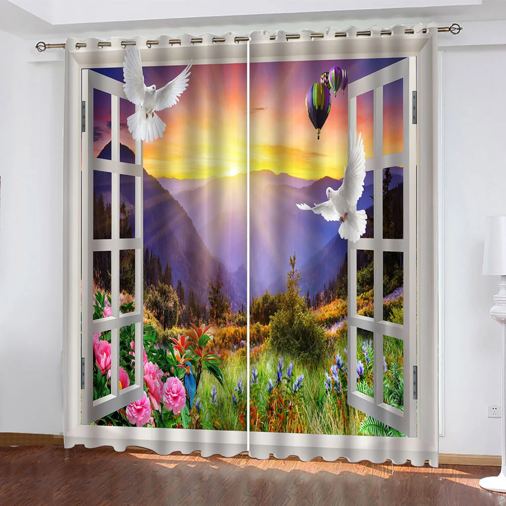 3D Window View Blackout Curtains For Living Room 2 Pieces Fashion Door Hall Home Decor Window Curtains For Kids Bedroom