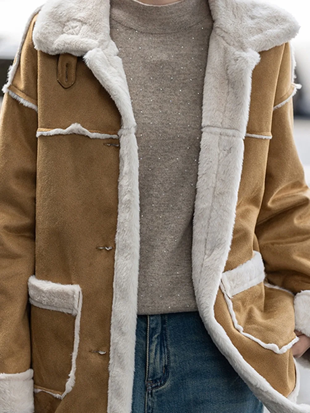 

Slimming Faux Fur Jaet Women's Casual Sle Splicing Fabric Warmth Stand Collar 3D Cutting Single Button ort Outerwear