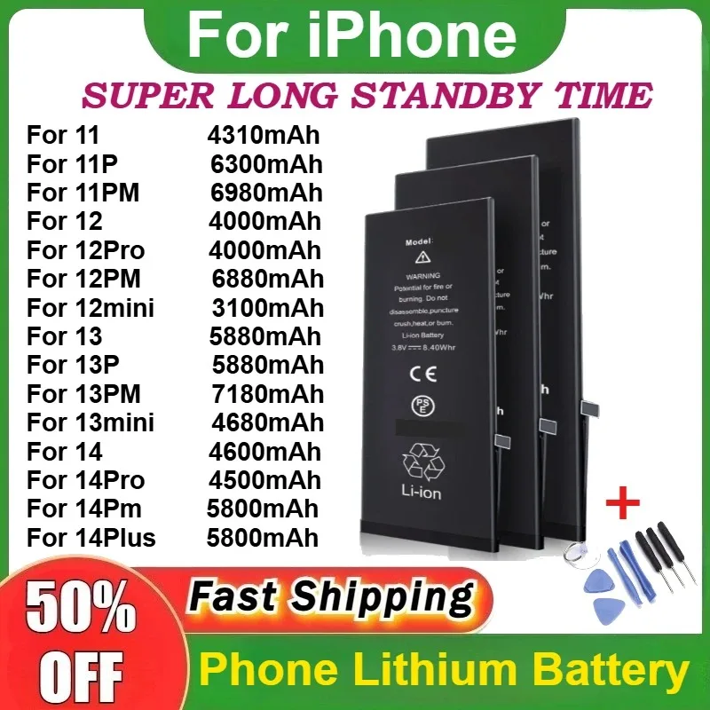 

High-Capacity Mobile Phone Battery for IPhone 14 Pro Max 11 Pro 12 13 Mini Pro Max Replacement Lithium Polymer Bateria + Tools