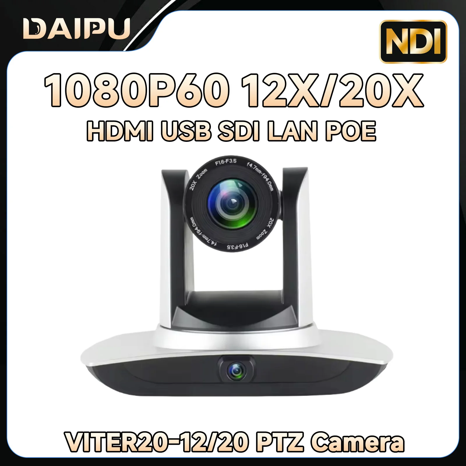 

DAIPU PTZ Camera 1080P60 20X 12X Optical Zoom HDMI SDI USB LAN POE AI Auto Tracking for Church Worship Live Streaming Conference