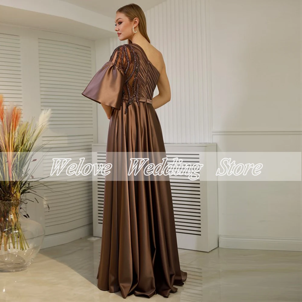 Brown Asymmetrical Evening Dress One Shoulder Sheer Floor Length Formal Guest Wedding Party Draped Custom Plus Size Vestidos