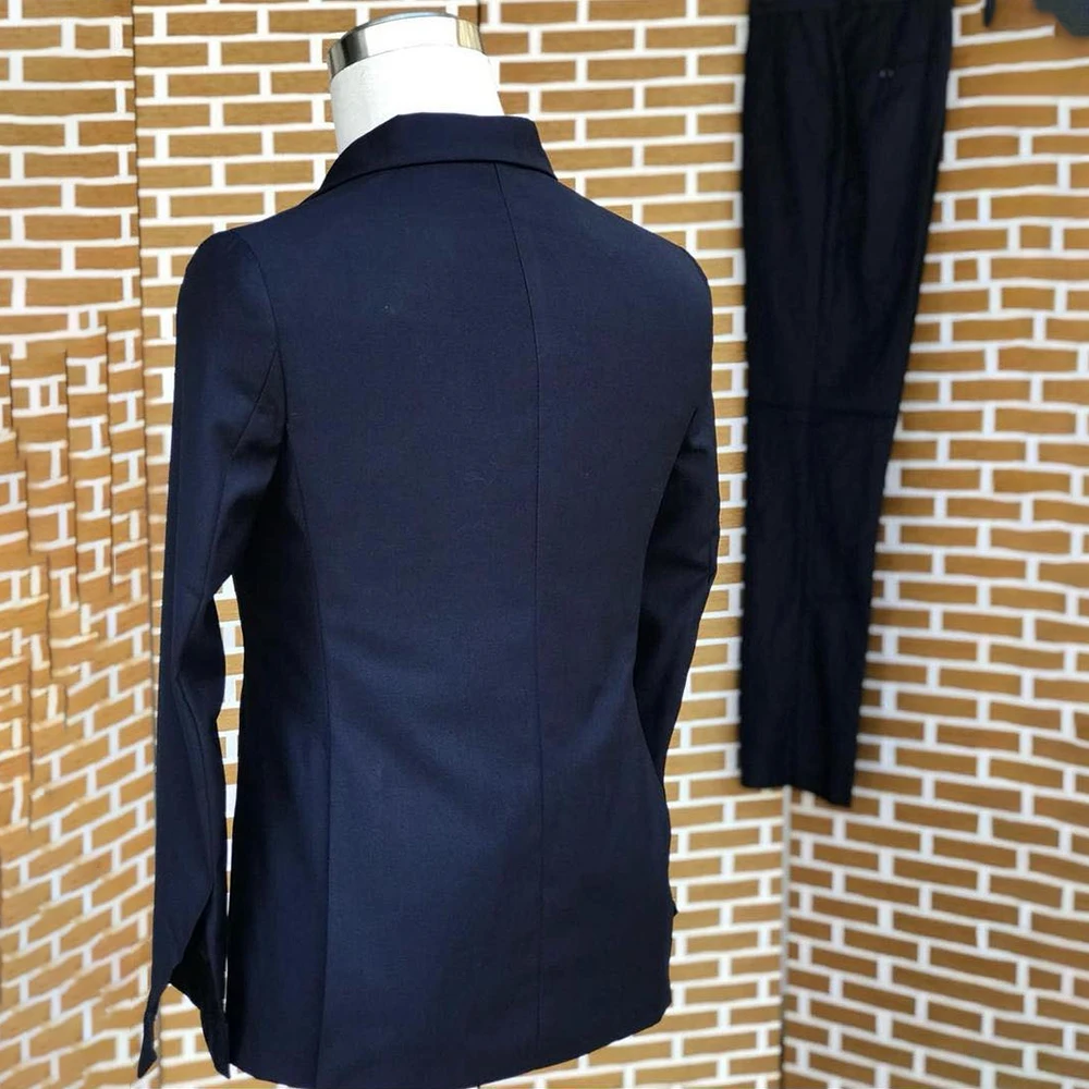 سليم صالح أزياء الرجال الدعاوى أنيقة بلون الأزرق الداكن 2 قطعة سترة السراويل مجموعات كاملة مخصصة مكتب الذكور الملابس السترة #3