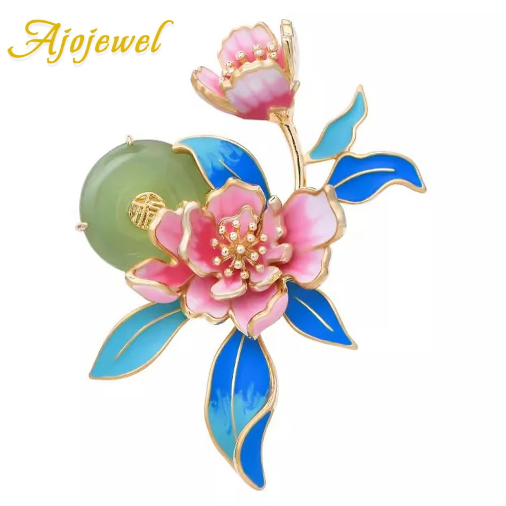 

Ajojewel Women's Stylish Chinese Peony Cloth Brooch Enamel Flower Corsage Pin With Artificial Jade Luxury Gift 2024