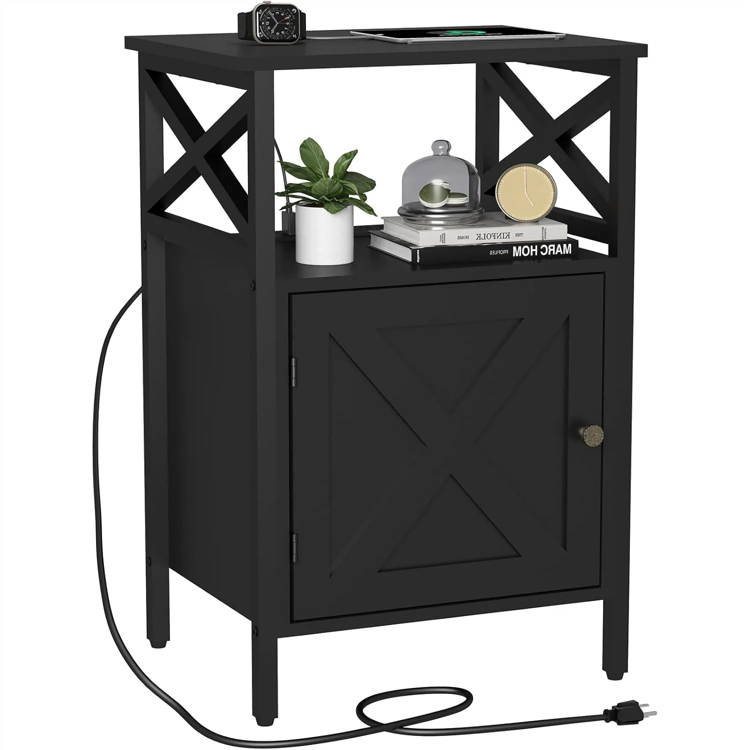 

End Table with Charging Station, Side Table with Power Outlet & USB Ports, Nightstand with 2 Tiers Storage and Cabinet, Black