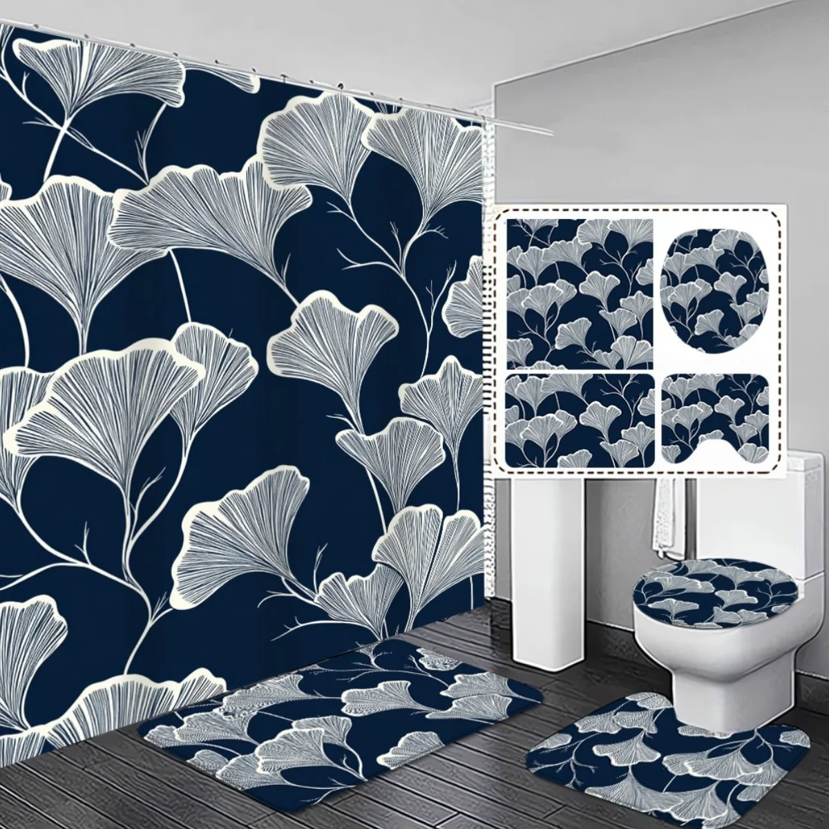 

4pcs Elegant Navy Blue Gingko Leaf Print Shower Curtain & Non-Slip Absorbent Bath Mat Set - Classic & Timeless Bathroom