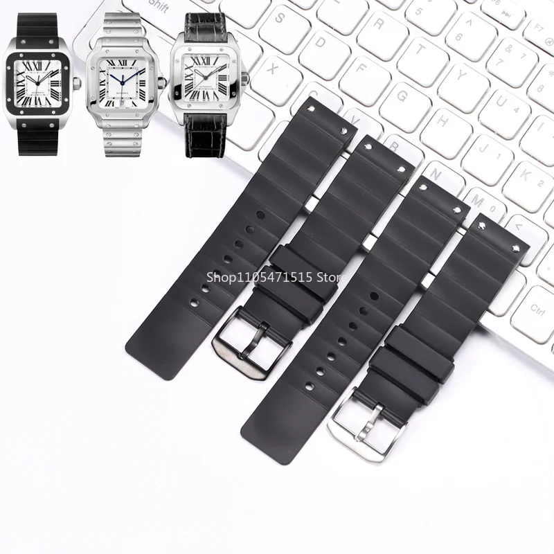 Resin Strap for Cartier Santos 100 Black Soft Rubber Band Buckle Sport Waterproof Durable Wristband + Tool