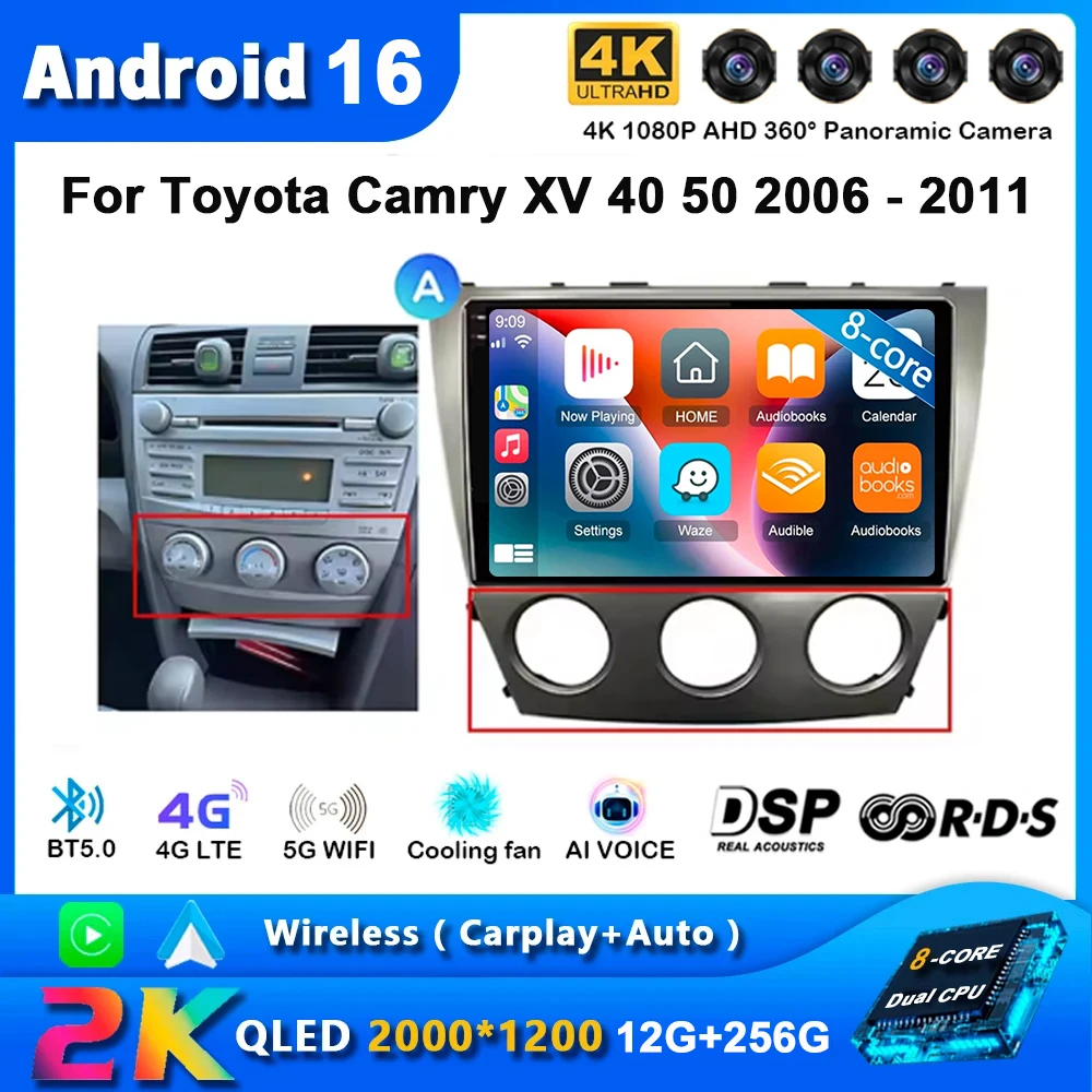 2K QLED For Toyota Camry XV 40 50 2006 - 2011 Android 16 Car Radio Multimedia Video Player GPS AI Voice CarPlay 4G Stereo