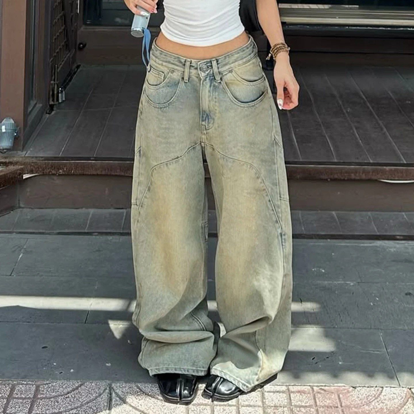 

Vintage Casual Patchwork Jeans Loose Low-Waisted Wide Leg Pants Women 2025 Autumn Winter Fashion Streetwear Ladies Denim Pants