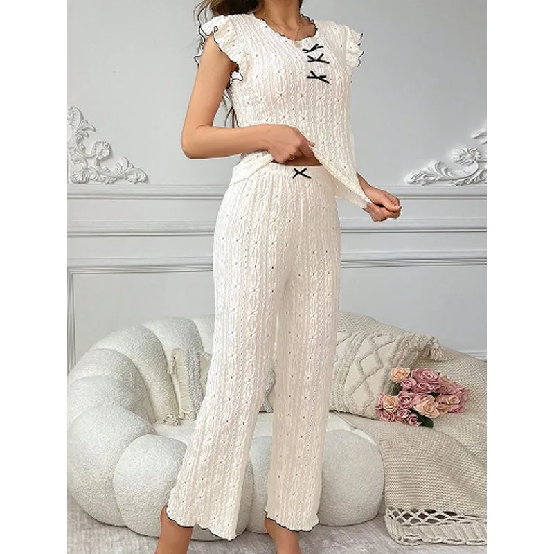

Women's Beige Lace Trim Knit Pajama Set, Hollow Out Ruffle Sleeve 2 Piece Loungewear Stretchy Skinny Sleepwear for Spring Summer