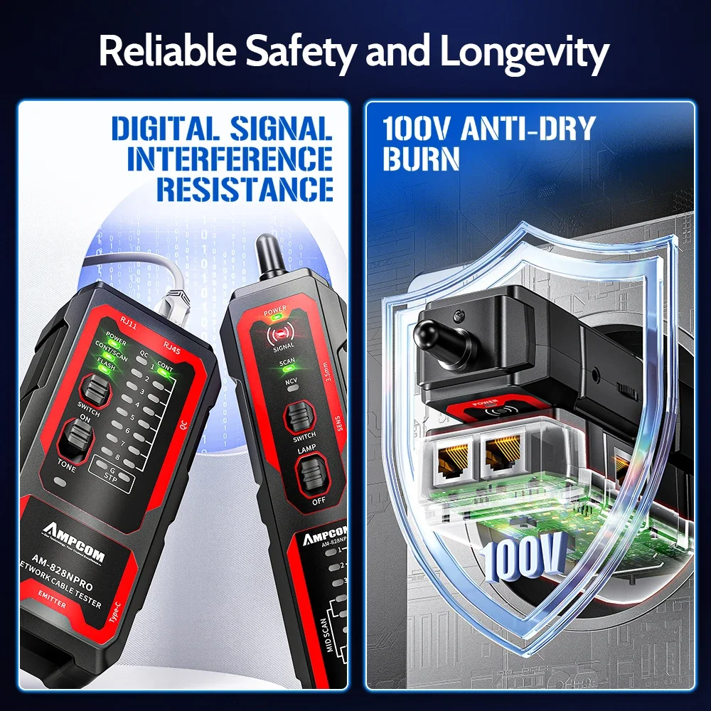 AMPCOM Network Cable Tester Kit, USB Charging, Test on PoE, NCV, Ethernet Port Flashing, Crimping Checking,LAN Cable Tracer Kits