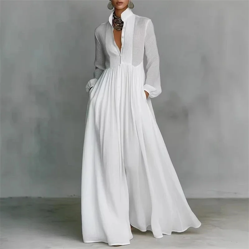 

Elegant Stand Collar Long Sleeve Party Dress, Women 2026 New Spring Solid Casual Dresses, Single Breasted Ladies Pocket Dresses