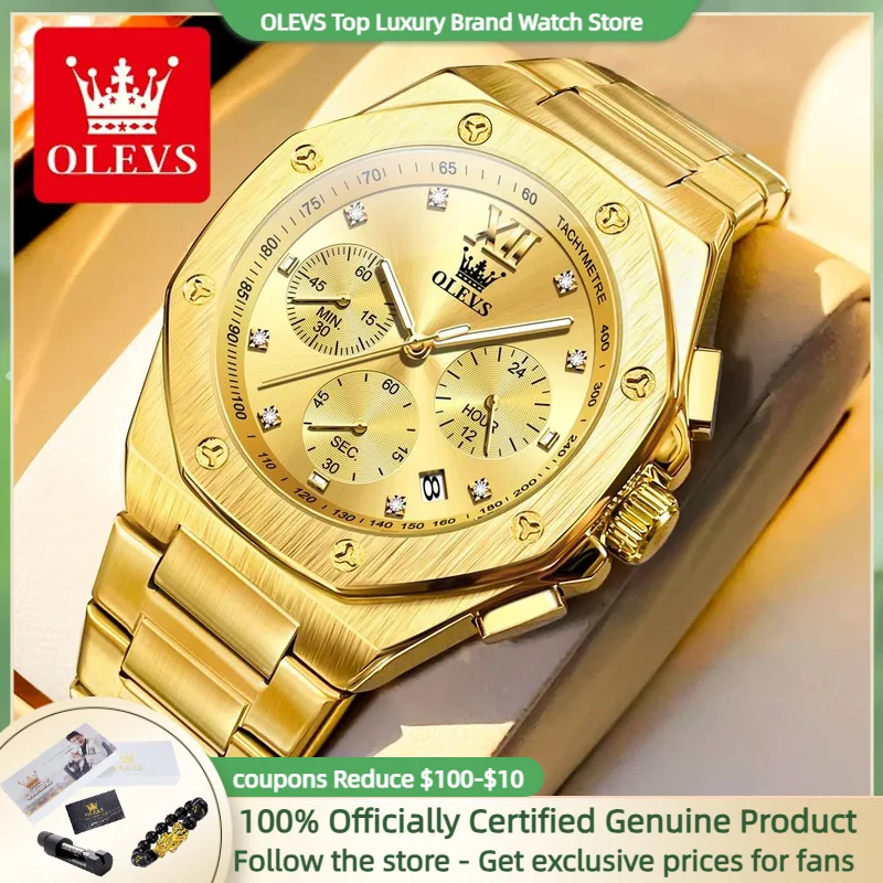 OLEVS TOP Brand Quartz Men Watch Multifunctional Luxury NEW Wristwatch Diamonds Gold Stainless Steel Waterproof Clock Man