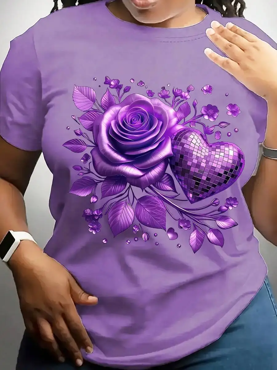 

Plus Size Womens Purple Floral Rose And Heart Print T-Shirt Short Sleeve Casual Round Neck Top