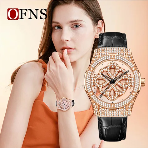 OFNS brand quartz watch hollowed out women's watch high-end full diamond waterproof rotating belt fashion watch
