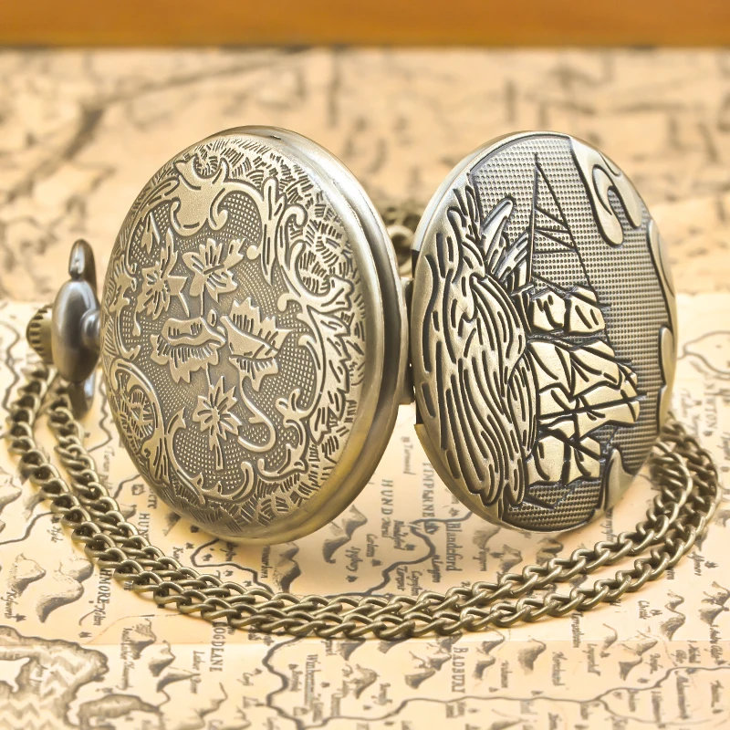 Vintage Bronze Steampunk Stick Figure Sail Carved Quartz Pocket Watch Necklace Pendant Clock Chain Men Women Chain Gift