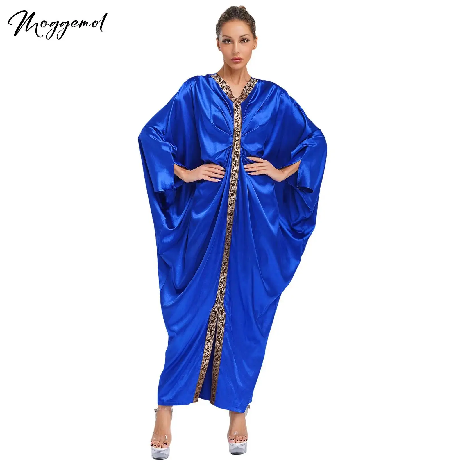 

Womens V Neck Long Sleeve Ruched Embroidery Muslim Abaya Dress Satin Caftan Islamic Dubai Moroccan Kaftan Party Fancy Eid Dress