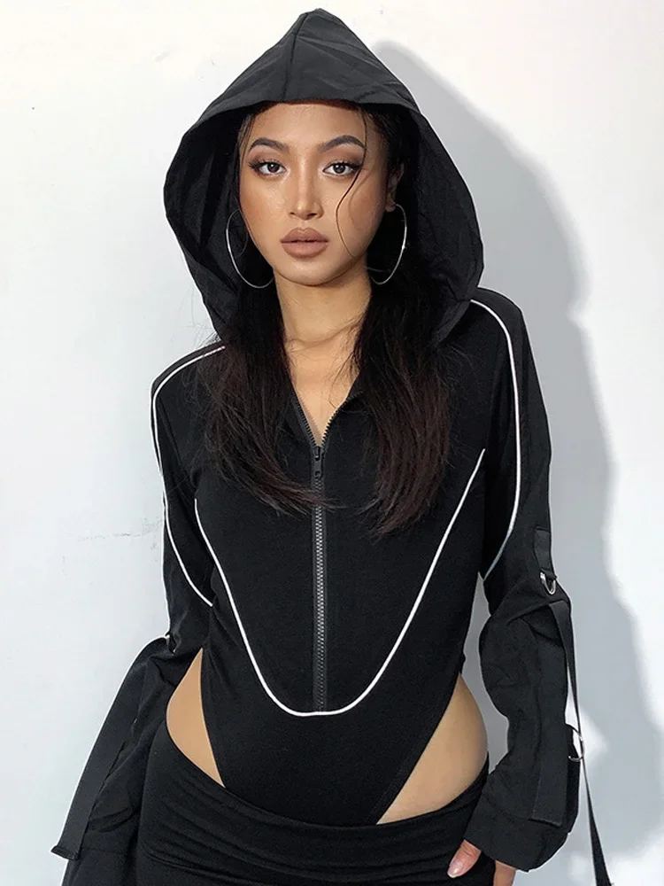 Fashion Patchwork Sexy Bodysuit Lingerie Casual Fashion Streetwear Hooded Body Feminino One-Piece Zipper Y2k Black Top Women