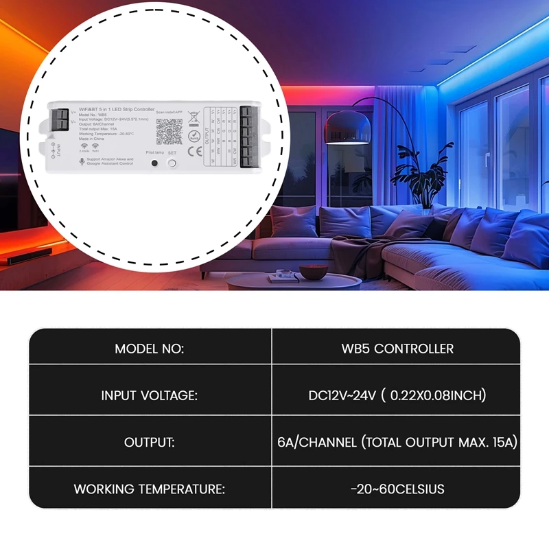 WB5 RF Wifi Bluetooth LED Strip Controller RGB CCT RGBW 5In1 Dimmable DC12-24V Lights Controller For Smart Life APP