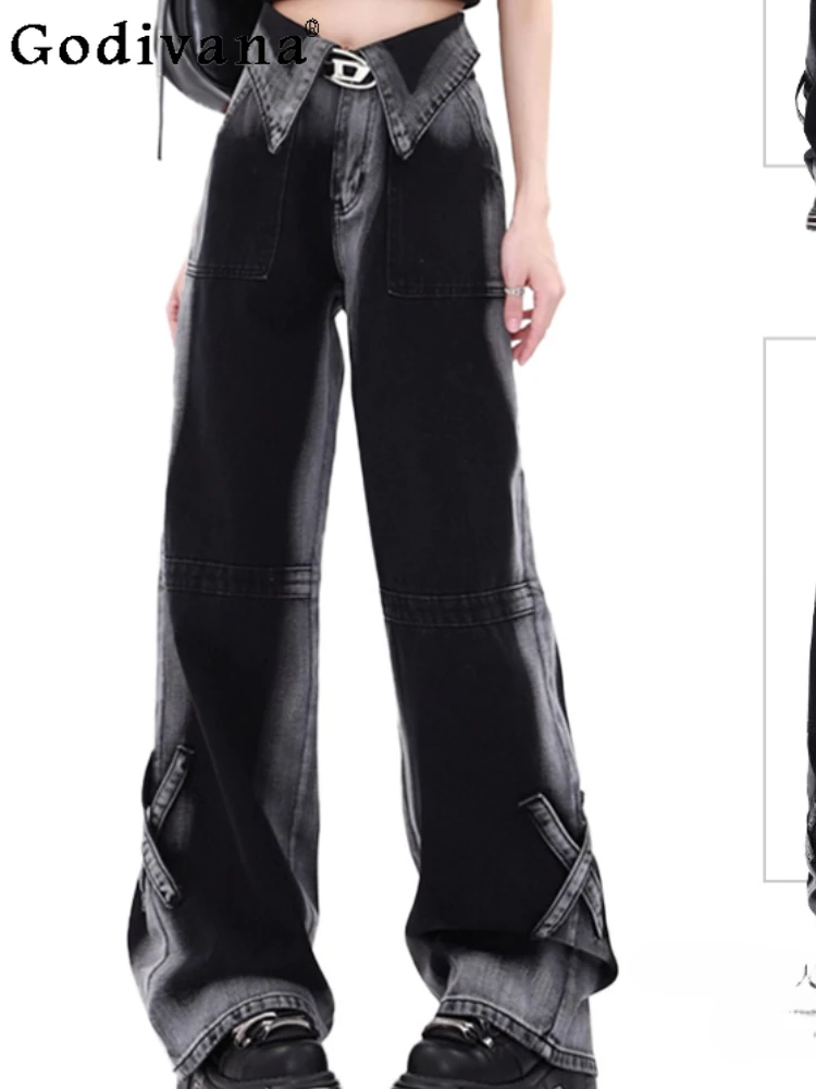 

Girl Autumn Winter American Retro High Waist Straight Wide Leg Jeans Fashion Versatile Loose Dark Grey Temperament Mopping Pants