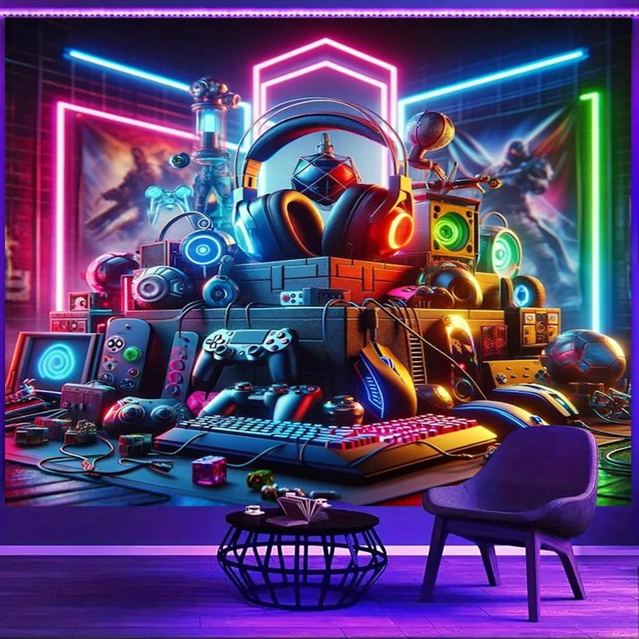 1PC Gaming Setup Neon Room Print Backdrop Banner, Bedroom Living Room Photo Background, Polyester, Home Decor, Wall Art