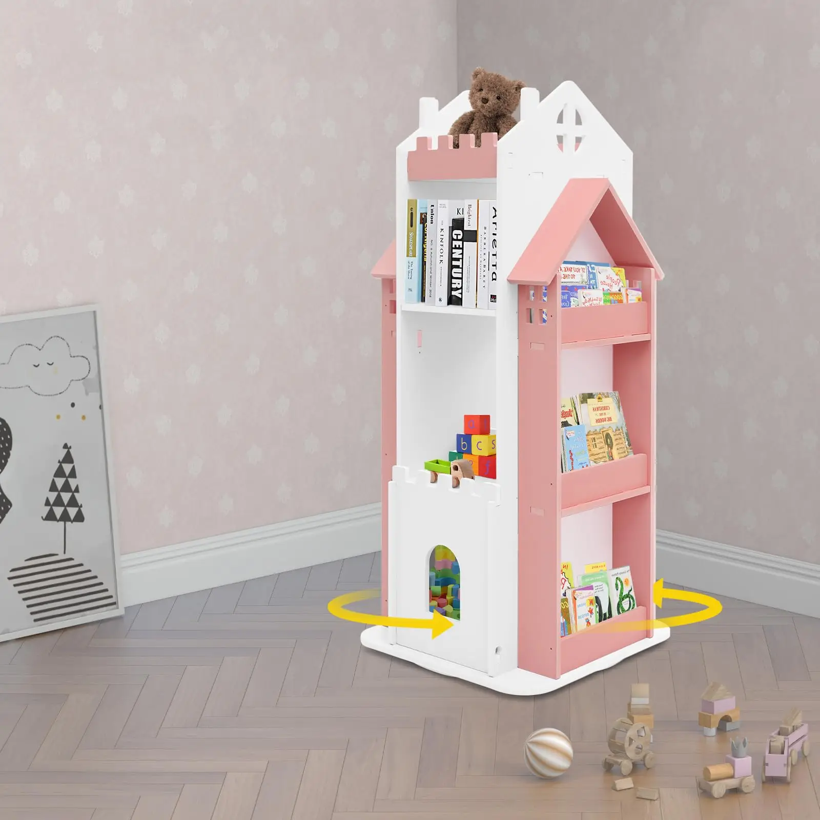Scaffale girevole per bambini, 3 livelli 360 °     Espositore Scaffale per bambini girevole Scaffale ad angolo piccolo per spazio piccolo Camera da letto per bambini