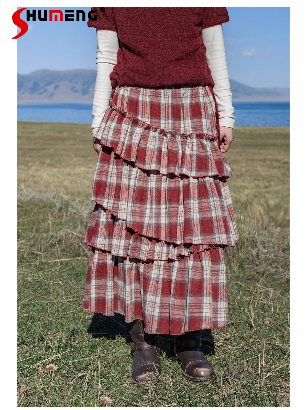 

Japanese Style Elegant Retro Layered Ruffled Plaid Skirt Elastic High Waist Irregular Versatile Cake Long Skirt For Women Autumn