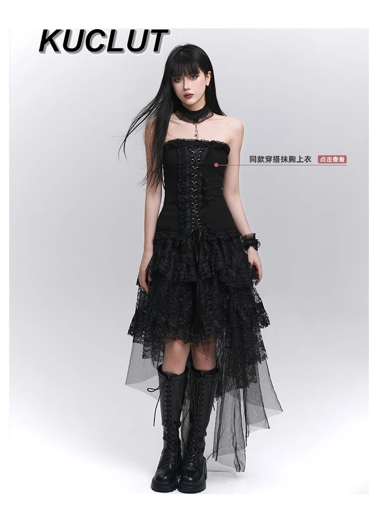 Menina renda preta fofo bolo aniversário cintura alta saia casual subcultura gótica estilo punk saias de comprimento médio para mulheres verão