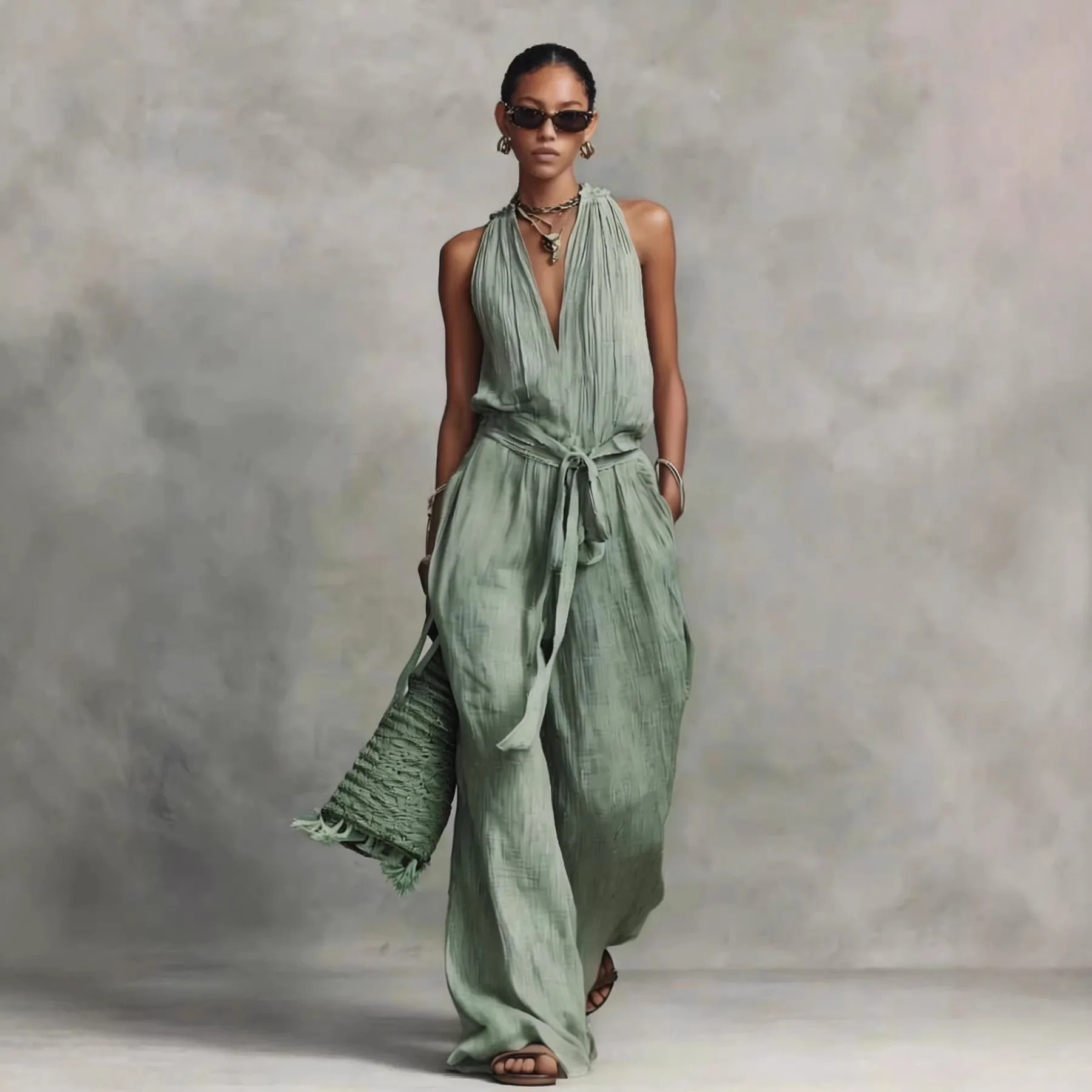 

Fashion Deep V-neck Jumpsuit Sleeveless Halter Wide-leg Lace Up Jumpsuit Summer New Solid Color Female Casual Jumpsuit
