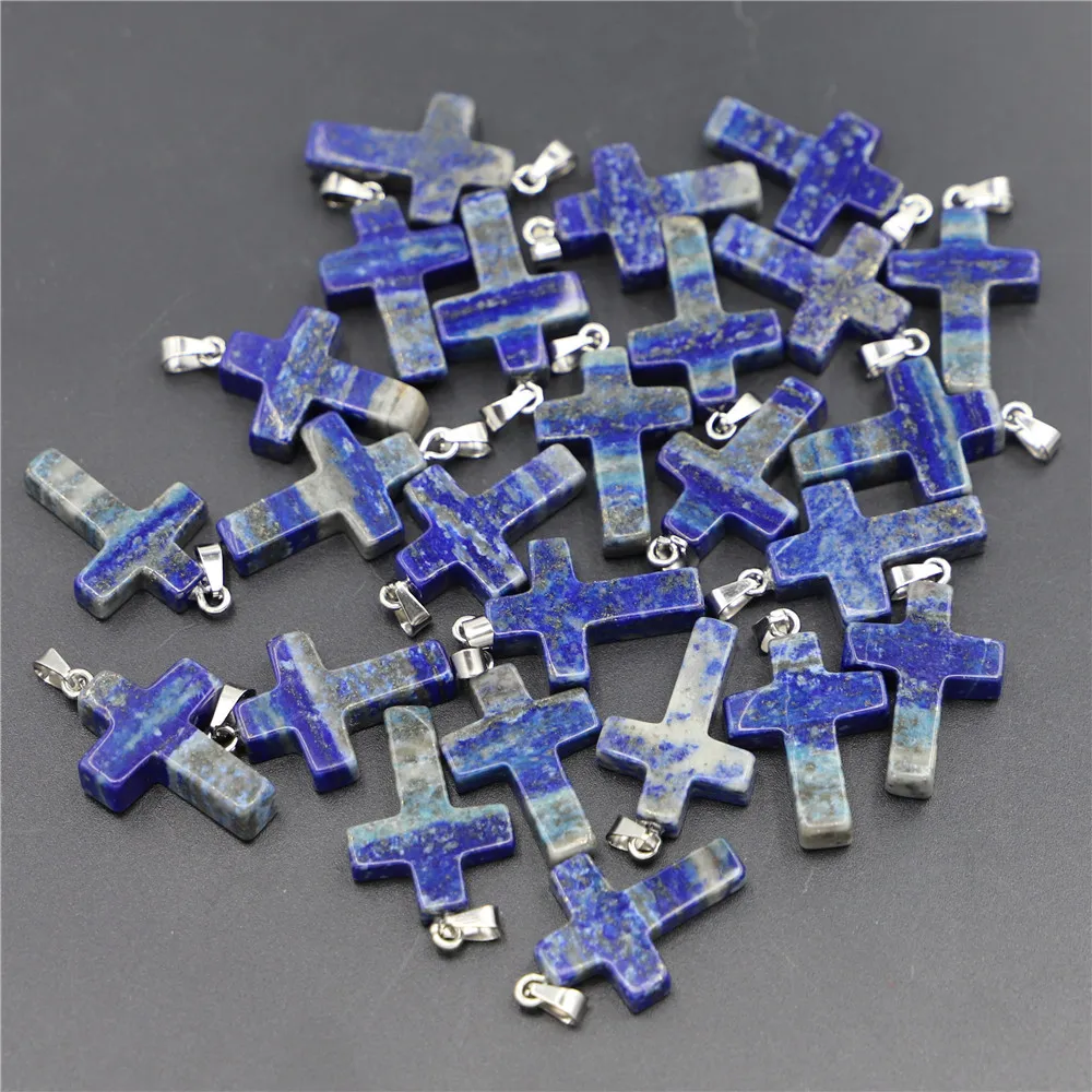 Natural Stone Cross Lazurite Lapis Lazuli Jesus Christ Pendants Charms Slide for Fashion Jewelry Necklace Making 24pcs Wholesale