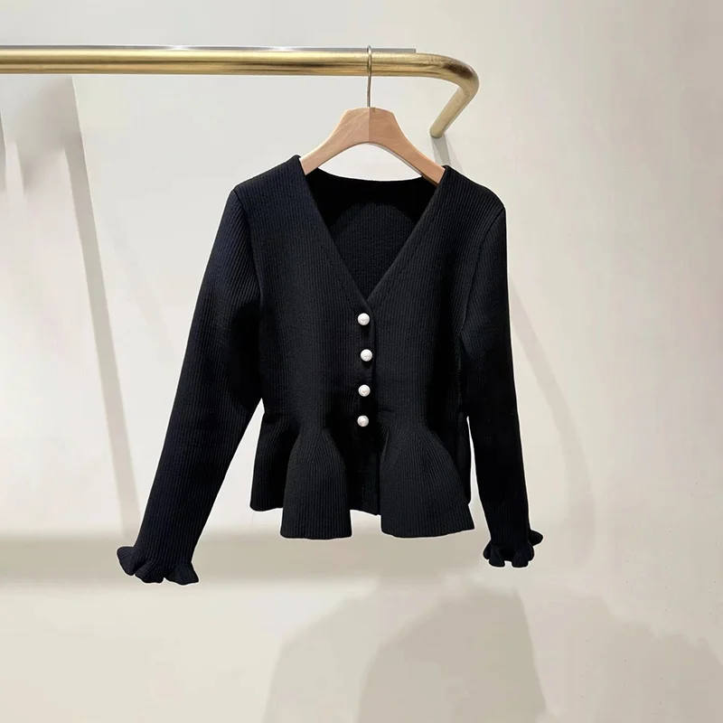 

Early Spring 2026 Pearl Decorated Pleated Hem V-Ne Knitwear Women's French Sle Long Sve Cardigan Girl's Faion