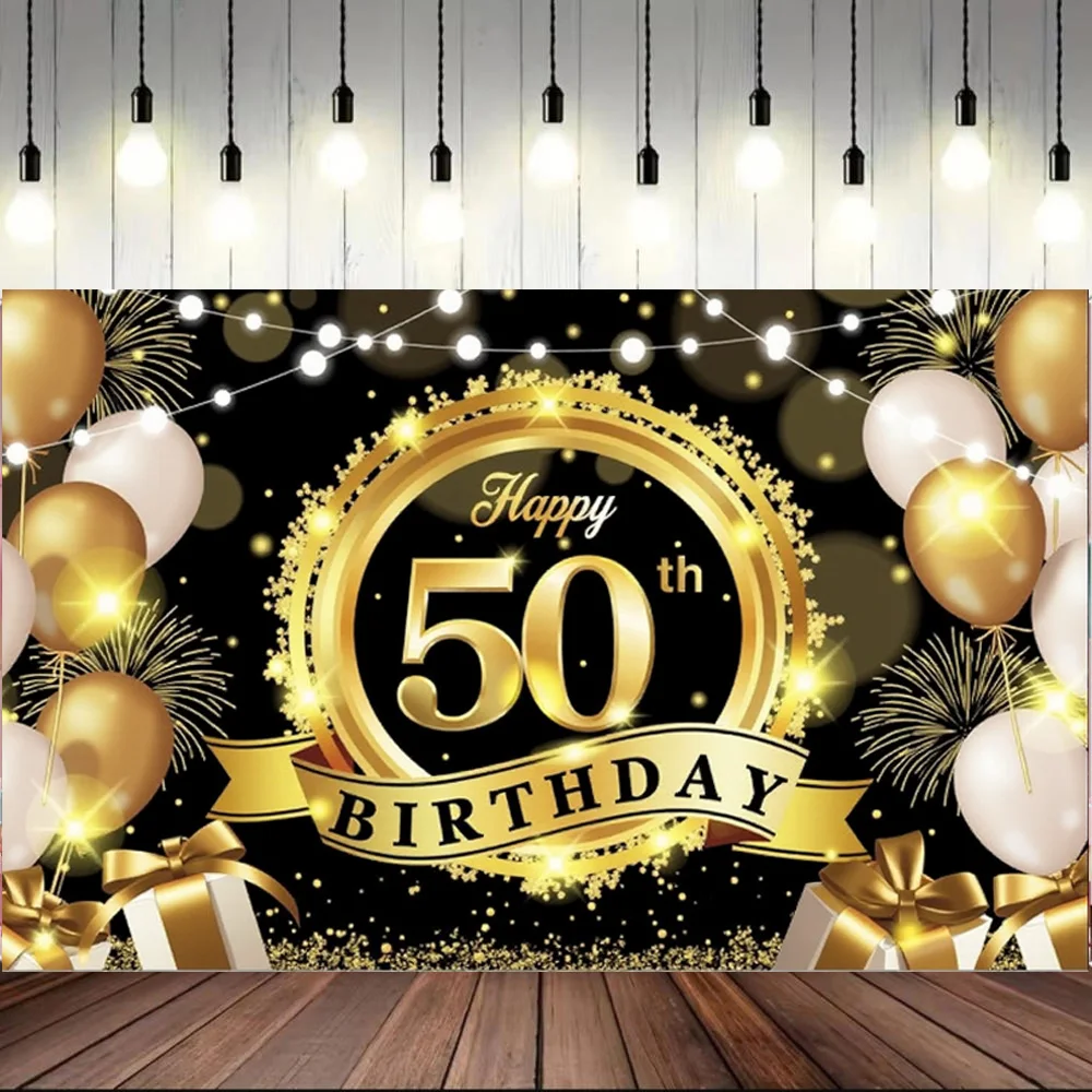 Happy 50th 65th Birthday Backdrop 180*110cm Banner Man Woman Gold Them Balloon 50 Birthday Party Decors Wall Background New