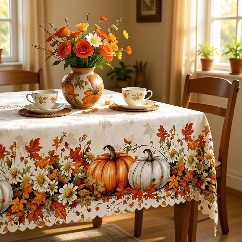 Vespri vintage pumpkin tablecloth, white and orange double-color autumn pumpkin maple leaf daisy, kdj