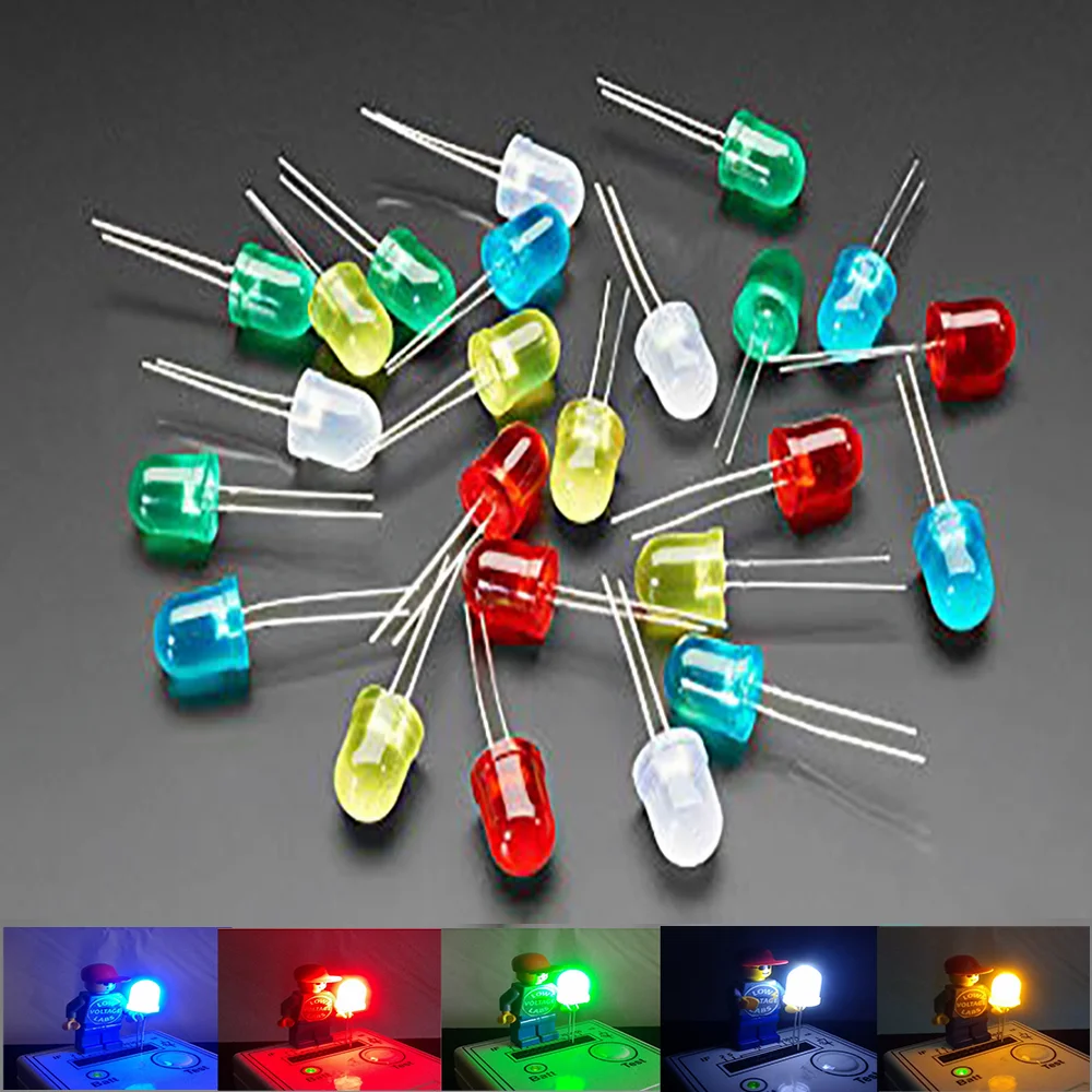 50PCS LED Diode 10mm 5 colors White/Red/Blue/Green/Yellow Lighting Bulb Electronics Component Multicolor Light Emitting Diodes