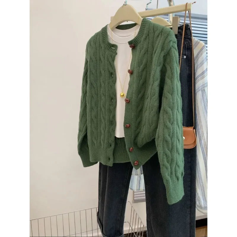 

Новый короткий вязаный кардиган Green Fried Dough Twists, женский осенне-зимний корейский свободный топ, универсальный элегантный свитер