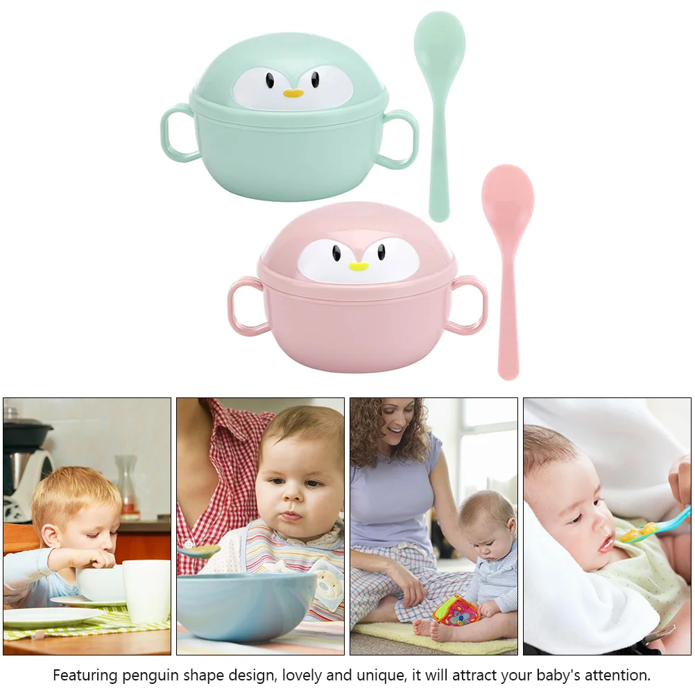 2 Sets Food Supplement Bowl Penguin Shape Children Tableware Flatware Baby Insulation Bowls with Spoons Stainless Steel