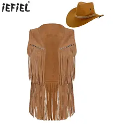 Western Cowboy Cowgirl Costume Faux Suede Tassel Vest Fashion Rivets Fringe Waistcoat Open Front Sleeveless Jacket with Hat