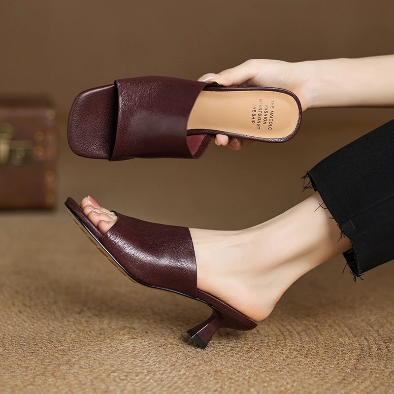 

Women's new summer leather soft sheepskin high heels retro open toe casual fish mouth shoes fashion slippers