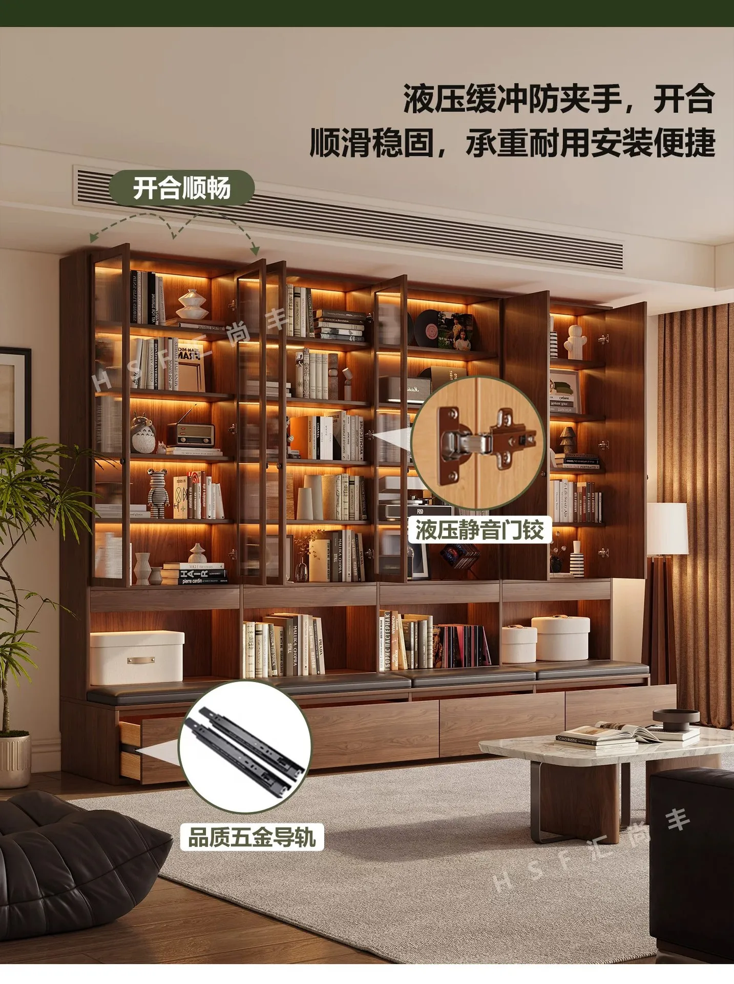 DSA solid wood combination bookcase study glass storage cabinet household light luxury retro style storage display cabinet