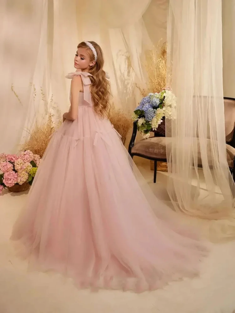 Luz rosa flor menina vestido beading até o chão tule com arcos para o casamento criança primeiro eucarístico vestidos de festa de aniversário