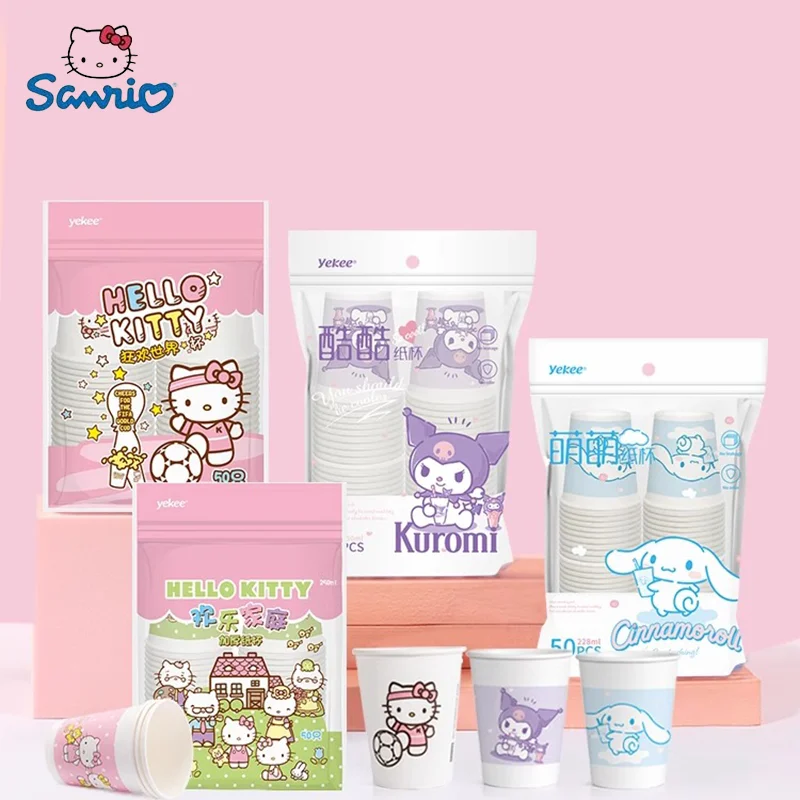 50pcs Sanrio Disposable Paper Cups 250ml Hello Kitty Kawaii Paper Cartoon Disposable Water Cups Reunion Picnic Camping Banquet