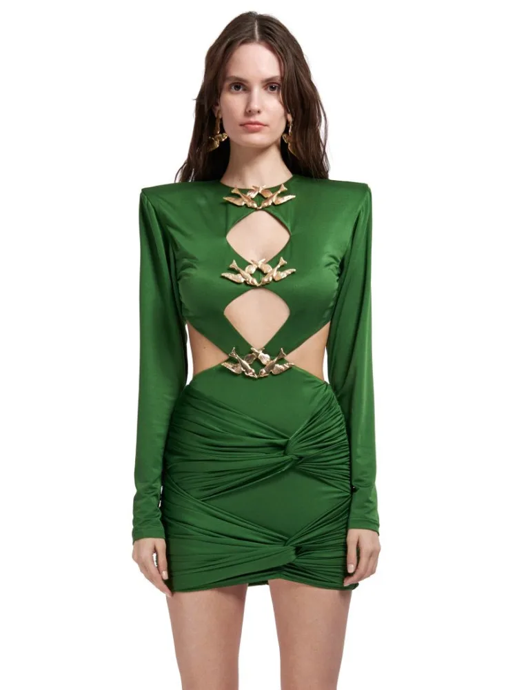 

New Women Summer 2023 Sexy Long Sleeve Hollow Out Backless Green Satin Dress Elegant Evening Party Club Dress