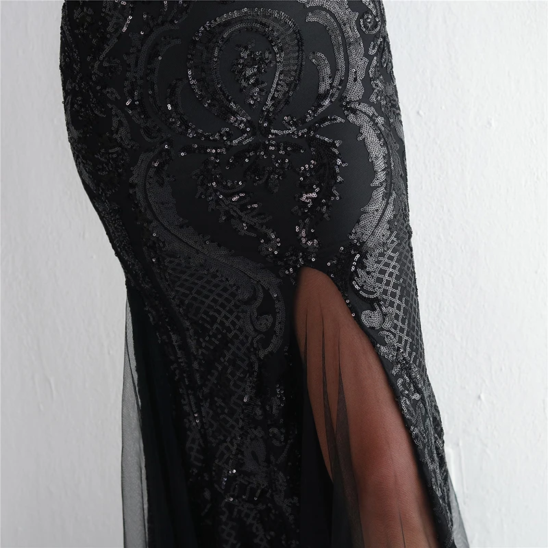 Femmes mode été sans manches col en V paillettes maille Patchwork Sexy bal soirée Cocktail longue robe sirène