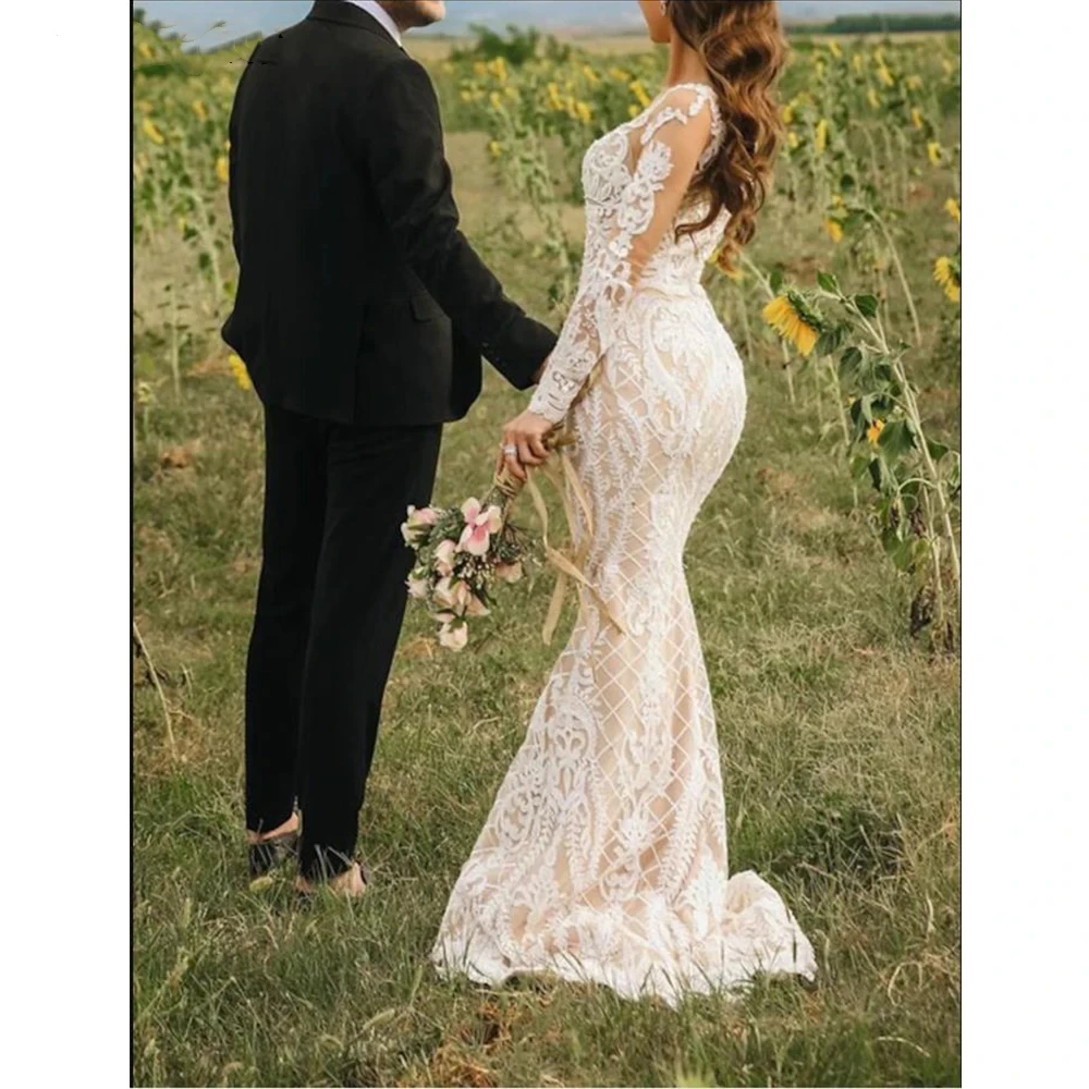 Vestido de novia con escote en V para mujer, vestido de novia romántico, encaje transparente, manga larga, personalizado