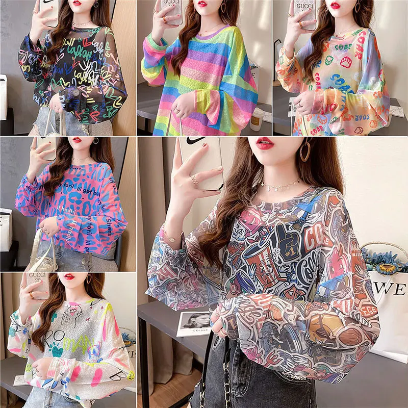 

Stylish Hand-Painted Printed Streetwear T-shirt Female Clothing Korean Loose Spring Summer Thin Long Sleeve Spliced Pullovers