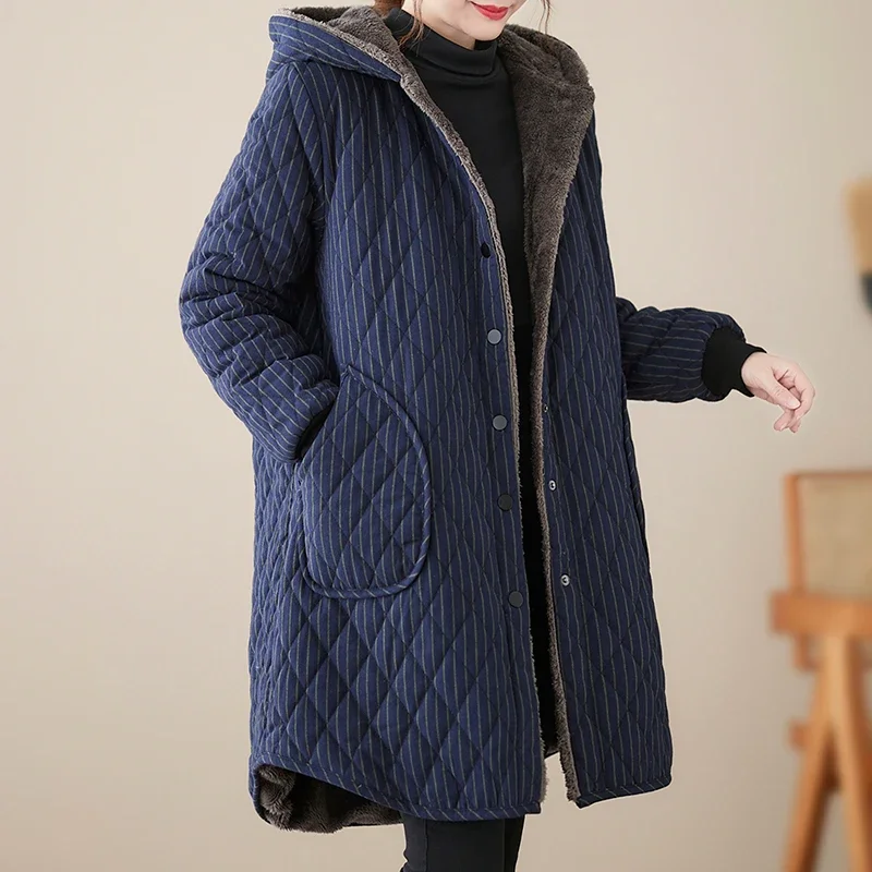2024 Winter New Retro Checkered Medium Long Hooded Cotton Jacket Loose and Simple Women's Thick and Warm Cotton Coat with Velvet