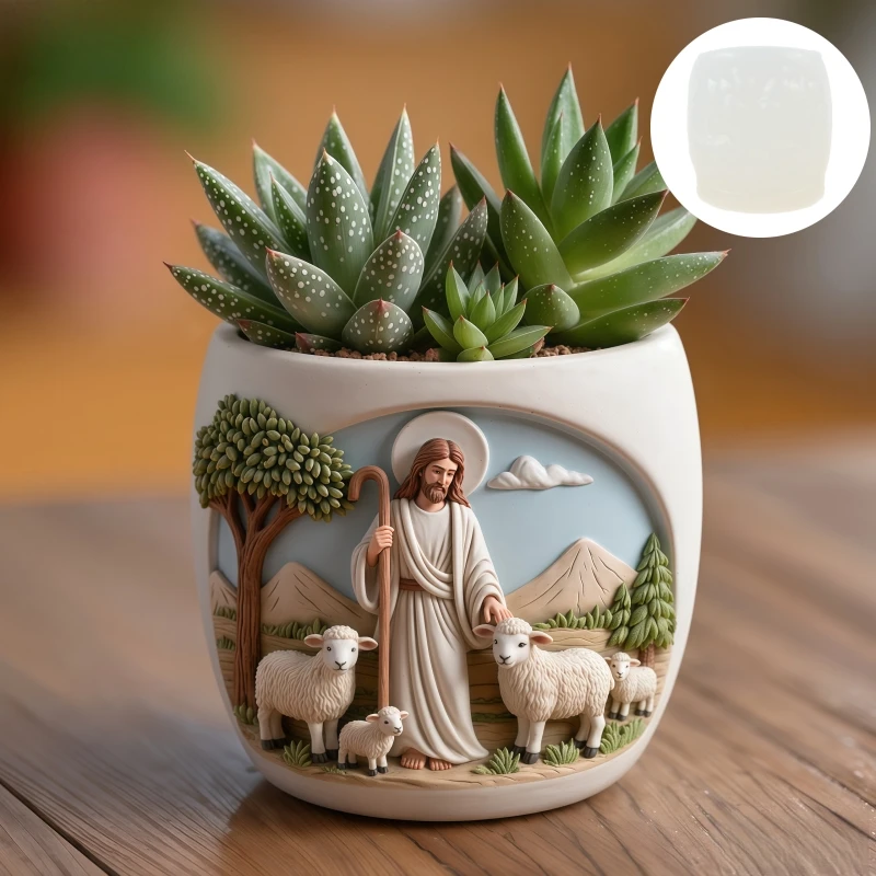 Moule en silicone et résine pour pot de fleurs, support à stylos, boîte, porte-bougie, en forme de Jésus Pasteur avec mouton, pour plantes succulentes et gypse