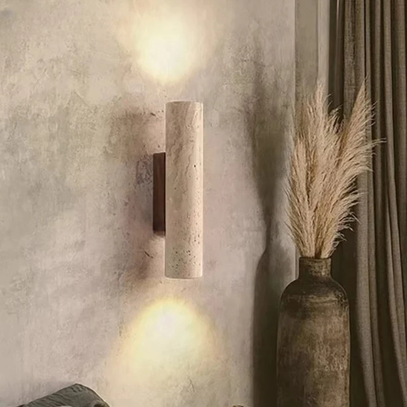 

Yellow Travertine Wall Lamp Vintage Design Wood Stone Sconce Light LED Lighting Fixture Bedroom Living Room Bedside Home Decor