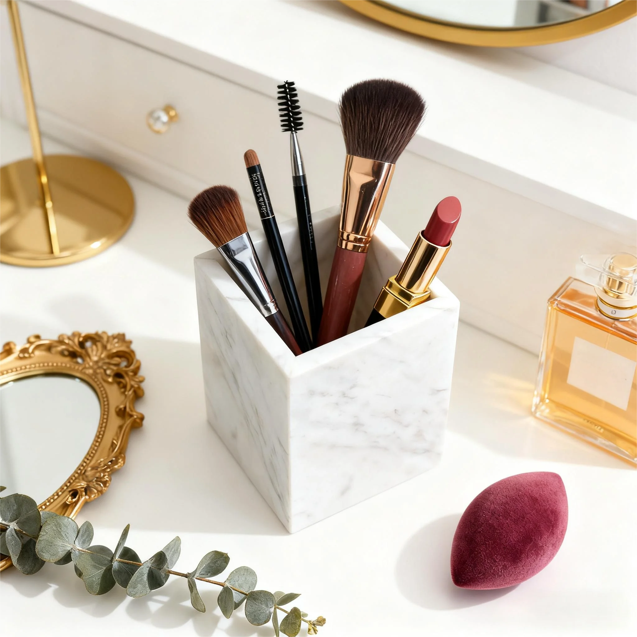 Natural White Marble Pencil Pen Holder, Bathroom Organizer,Office Supplies Storage ,Desktop Stationary, Makeup Brush Holder