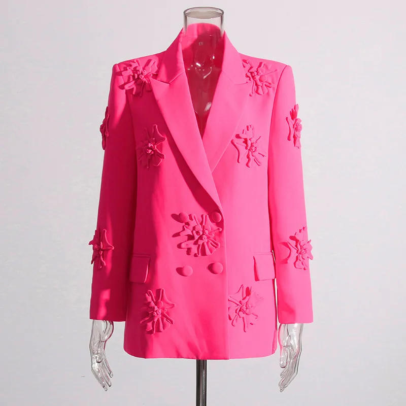 HKSH primavera otoño nueva chaqueta de mujer cuello vuelto doble botonadura flor tridimensional elegante moda abrigos de marea HK11265
