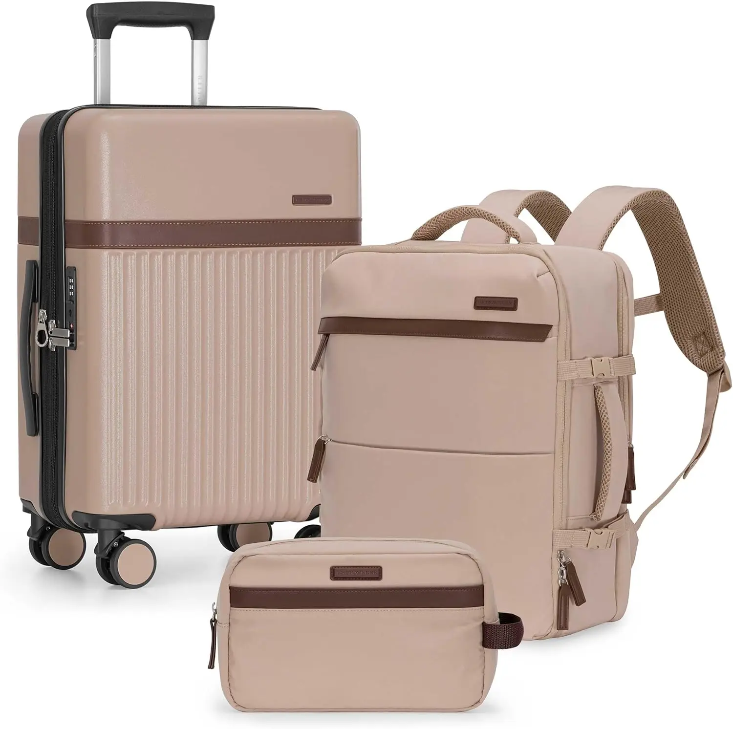 

3-Piece Travel Set: 21-Inch Carry-on Hardside with TSA Lock, 18-Inch Backpack with Laptop Sleeve, Toiletry Bag, Beige